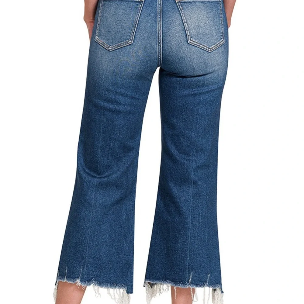 Zenana Distressed Kick Dark Blue Flare Jeans with Raw Hem Size 30 - Picture 2 of 8